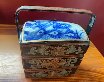 Three Tier Porcelain & Laquer Vintage Japanese Bento Box