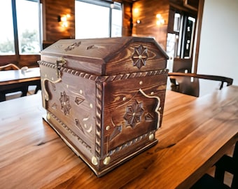 Hand-Engraved Wooden Treasure Box with Star Inlays and Antique Accents