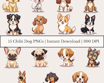 Pacote de Clipart de Cachorros Chibi | 15 PNGs de Cachorros Fofos | Arte Kawaii de Cachorros para Adesivos, Sublimação e Artesanato | Pacote de PNGs de Cachorros 300 DPI