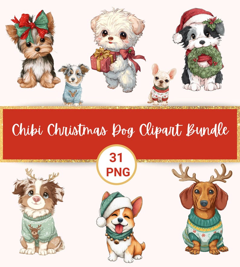 Chibi Christmas Dog Clipart Bundle PNG | 31 Cute Puppy Illustrations ...