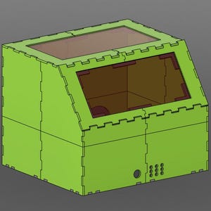 May include: A lime green, laser-cut box with a slanted top and a clear window. The box has a rectangular shape with a series of small holes and a circular opening on the side. The interior is visible through the window.