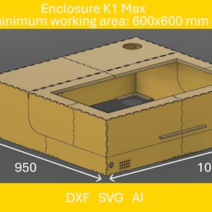 Może przedstawiać: Widok izometryczny beżowej obudowy, "Enclosure K1 Max," o minimalnej powierzchni roboczej 600x600 mm. Obudowa ma 103 cm długości, 95 cm szerokości i 30 cm wysokości. Podstawa ma zagłębiony obszar. Obraz zawiera również tekst "DXF SVG AI."