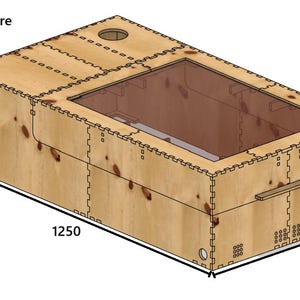 Puede incluir: Una caja de madera con la etiqueta "E09 Enclosure" y dimensiones de 31,75 cm x 17,78 cm x 8,89 cm.