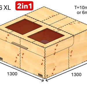 Peut inclure: Vue isométrique d'une boîte en bois clair avec deux ouvertures carrées. La boîte est étiquetée "E06 XL" et "2in1". Dimensions : 130 cm x 130 cm x 65 cm. L'épaisseur est de 10 mm ou 6 mm.