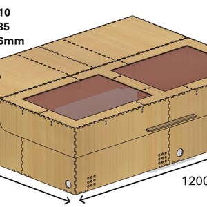 May include: A light brown wooden enclosure with two rectangular transparent windows on top. The enclosure is labeled "Enclosure E10" and measures 920 x 1200 x 335 mm with a thickness of 6mm.
