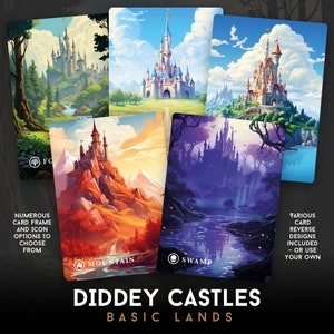 May include: Five different fantasy castle illustrations for a card game. The illustrations are for the basic lands: Forest, Mountain, Swamp, Island, and Plains. The text "Diddey Castles Basic Lands" is at the bottom of the image.