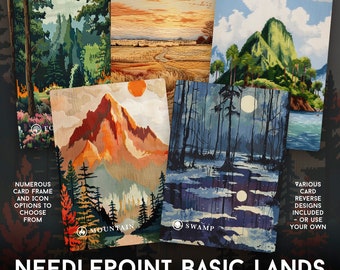Puede incluir: Cinco cartas de punto de aguja que representan diferentes paisajes. Las cartas están etiquetadas como "Bosque", "Montaña", "Pantano", "Llanura" e "Isla". Las cartas son parte de un conjunto de tierras básicas para un juego.