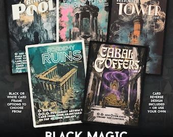 May include: Five fantasy-themed land cards for the Magic: The Gathering trading card game. The cards feature dark, gothic imagery and include the names "Reflecting Pool", "Nykthos, Shrine to Nyx", "Reliquary Tower", "Academy Ruins", and "Cabal Coffers".