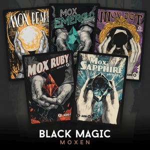 May include: A collection of five Black Magic Moxen cards. Each card features a gemstone held in hands, with the card names: Mox Pearl, Emerald, Jet, Ruby, and Sapphire. The text "BLACK MAGIC MOXEN" is at the bottom.