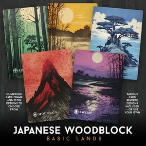 Tierras básicas: estilo de impresión en madera japonesa. Descargas digitales listas para imprimir. Para coleccionistas y jugadores de MTG. Cartas de Magic alteradas o sustitutivas.