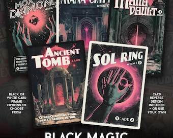 May include: A set of five Magic: The Gathering cards with retro-style illustrations. The cards are "Mox Diamond", "Mana Crypt", "Mana Vault", "Ancient Tomb", and "Sol Ring".