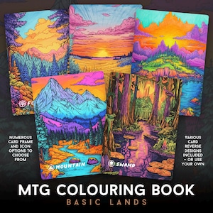 May include: A set of five Magic: The Gathering basic land cards with colorful illustrations of a mountain, swamp, forest, plains, and island. The cards are designed for coloring and feature the text "MTG Coloring Book Basic Lands".