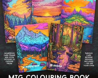 May include: A set of five Magic: The Gathering basic land cards with colorful illustrations of a mountain, swamp, forest, plains, and island. The cards are designed for coloring and feature the text "MTG Coloring Book Basic Lands".