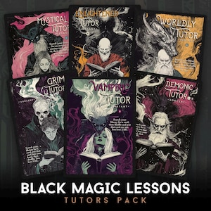 May include: A pack of seven fantasy-themed trading cards with illustrations of mystical figures and text. The cards feature titles like "Mystical Tutor," "Enlightened Tutor," and "Demonic Tutor." The text "Black Magic Lessons Tutors Pack" is at the bottom.