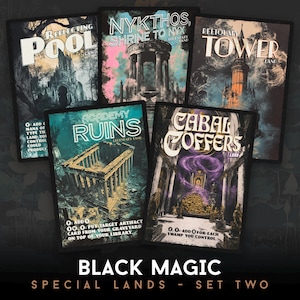 May include: A set of ten Magic: The Gathering cards featuring black and gold illustrations of various lands. The cards are titled "Reflecting Pool", "Nykthos, Shrine to Nyx", "Reliquary Tower", "Academy Ruins", "Cabal Coffers", and "Black Magic Special Lands - Set Two".