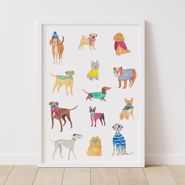 Watercolor Dogs illustration printable, Dog poster, dog breeds print, colorful art, cute dog prints, pet poster, animal lover wall art, cute