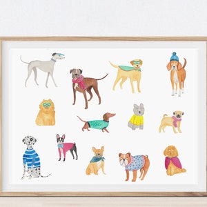 Impression de chien mignon, affiche de chien d'illustration, races de chiens imprimables, art coloré, chiens mignons, affiche d'animal de compagnie, art mural pour amoureux des animaux, cadeau pour amoureux des chiens