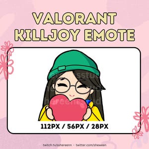 Könnte beinhalten: Digitale Illustration eines Valorant Killjoy Emotes, das ein rotes Herz hält. Die Figur trägt eine grüne Mütze, eine Brille und eine gelbe Jacke. Der Text "VALORANT KILLJOY EMOTE" befindet sich oben im Bild.