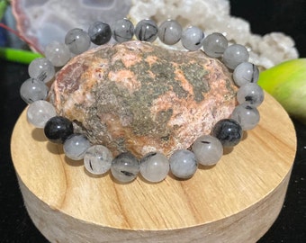 Tourmalinated Quartz Natural Crystal Round Beaded Bracelet - 8 mm