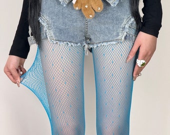 Blue Y2K Dot Print Hollow Mesh Tights