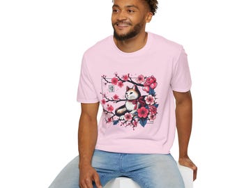 Rosa Sakura Baum Katze Unisex Softstyle T-Shirt, Kawaii Glückskatze T-Shirt, Floral Frühling Shirt, japanischer Stil, Geschenk für sie, Katzen Liebhaber Shirt,