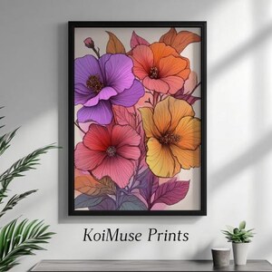 Floral Wall Art Digital Print, Colorful Flower Wall Art, Floral Home Decor, Beautiful Botanic Art, Digital Download