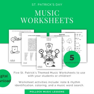 St. Patrick&#39;s Day muziekwerkbladen, digitale download afdrukbaar, privémuzieklessen, klasmuziekwerkblad, notitie- en ritmekleuring