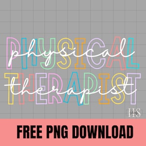 Puede incluir: Un diseño gráfico colorido con el texto "PHYSICAL THERAPIST" en blanco rodeado de colores arcoíris. El diseño está sobre un fondo gris con un patrón de cuadrícula blanca.