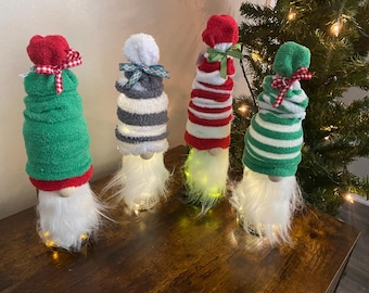 Upcycled Wine bottle Gnomes - light up - Holiday decor - gift idea