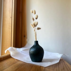 May include: A small, dark green, bulbous vase with a textured surface holds a cluster of dried, light beige bunny tail grass stems. The vase has a narrow neck and a rounded body, providing a simple vessel for the delicate, fluffy dried botanical stems.