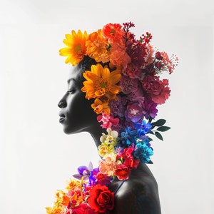 May include: A person with a crown of colorful flowers, including yellow, orange, red, pink, purple, and blue. The flowers are arranged in a cascading pattern, starting at the top of the head and flowing down the neck and shoulders.