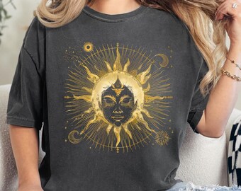 Comfort Colors® Celestial Woman Shirt, Sun Goddess Woman T-Shirt, Spiritual Woman Shirt, Golden Sun Shirt, Mystic Moon Sun Shirt, Witchy Tee