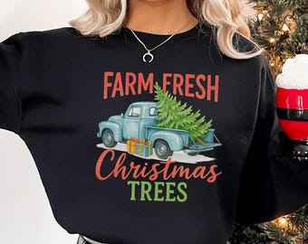 ファームフレッシュクリスマスツリースウェットシャツ、バッファローチェック柄ツリーセーター、パインスプルースファーパーカー、クリスマスファームTシャツ、ファームクリスマストラックシャツ