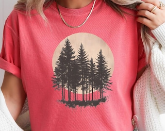 Comfort Colors Retro Sunset Pine Trees Shirt, Pine Tree T-Shirt, Mountain Forest Shirt, Retro Forest Shirt, Outdoor Shirt, Camping Life Tee