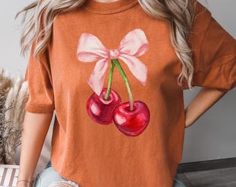 Comfort Colors® Cherry Bow Shirt, Bow Cherry T-Shirt, Cute Cherry Shirt, Pink Bow Cherry Tee, Valentines Day Shirt, Retro Cherry Shirt