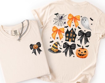 Comfort Colors® Kids Halloween Shirt, Halloween Bows Pumpkin Shirt, Coquette Halloween T-Shirt, Pumpkin Ghost Youth Tee, Fall Spooky Shirt