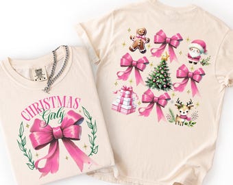 Comfort Colors® Christmas Girly Shirt, Pink Bow Christmas T-Shirt, Coquette Pink Christmas, Christmas Tree Shirts, Coquette Christmas Shirt