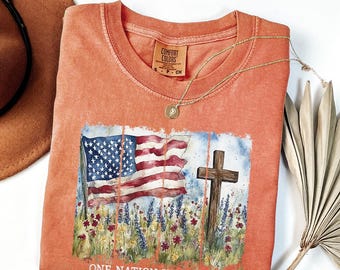 Camiseta Comfort Colors One Nation Under God, camiseta do 4 de julho, camiseta patriótica do 4 de julho, camiseta do Dia da Independência, camiseta da bandeira americana
