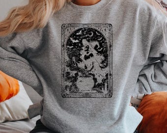 Sudadera con la carta del tarot de la bruja, suéter vintage de Halloween, sudadera con capucha con estampado de bruja, camiseta mística y oculta, camiseta de temporada espeluznante, camiseta con la carta de la bruja
