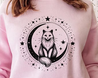 Celestial Cat Sweatshirt, Mystical Cat Sweater, Witchy Cat Sweatshirt, Moon And Stars Cat Hoodie, Vintage Aesthetic Cat Gift, Witchy Hoodie