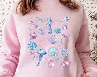 SeaShell Sweatshirt, Retro Beach Sweater, Beach Shirts, Coquette SeaShell Shirt, Ocean Animal Sweatshirt, Cute Ocean Shirts, Seashell Shirt