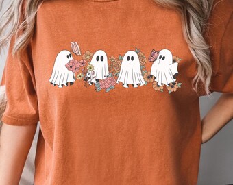 Komfortfarben Herbst-Geist-Shirt, Herbst-Geist-T-Shirt, Halloween-Blumengeist-T-Shirt, gruseliges Herbst-Shirt, gruselige Saison-T-Shirt, Blumengeist-T-Shirt