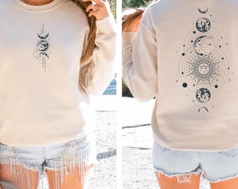 Sweat-shirt céleste soleil lune, pull phases de lune, chemise lune et soleil, sweat à capuche cycle lunaire, chemise lune céleste, pull bohème lune mystique