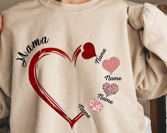 Personalized Name Mama Heart Sweatshirt, Custom Heart Kid Name Hoodie, Mama Heart With Kids Name Sweatshirt, Mother's Day Sweater, Mom Shirt