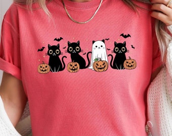 Comfort Colors Halloween Black Cats Shirt, Halloween Cat Shirt, Black Witchy Cat Shirt, Pumpkin Bats Halloween Tee, Spooky Cat Shirts