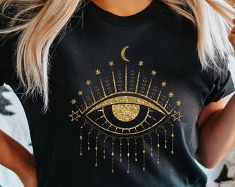Koszulka Golden All Seeing Eye, Koszulka Celestial Eye, Koszulka Third Eye, Koszulka Sun Moon Evil Eye, Koszulka Spiritual Boho, Koszulka Witchy Occult
