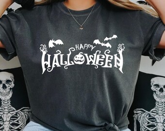 Comfort Colors Happy Halloween Shirt, Happy Halloween T-Shirt, Halloween Oversized Tee, Spooky Season Shirt, Halloween Bats Shirt