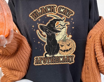 Comfort Colors Black Cat Apothecary Shirt, Halloween Black Cat Shirt, Vintage Halloween Black Cat Tee, Cat Lover Shirt, Retro Halloween Tee