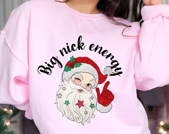 Bluza Big Nick Energy, Sweter z brokatową czapką Mikołaja, Uroczy kaptur Mikołaja, Sweter Mikołaja na Boże Narodzenie, Zabawny kaptur Mikołaja, Koszulka Mikołaja na Boże Narodzenie