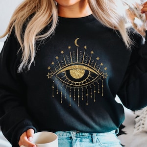Evil Eye Moon Stars Sweatshirt, Celestial Third Eye Sweater, Golden Eye Moon Hoodie, The Spiritual Bitch Sweater, Spiritual Witch Hoodie